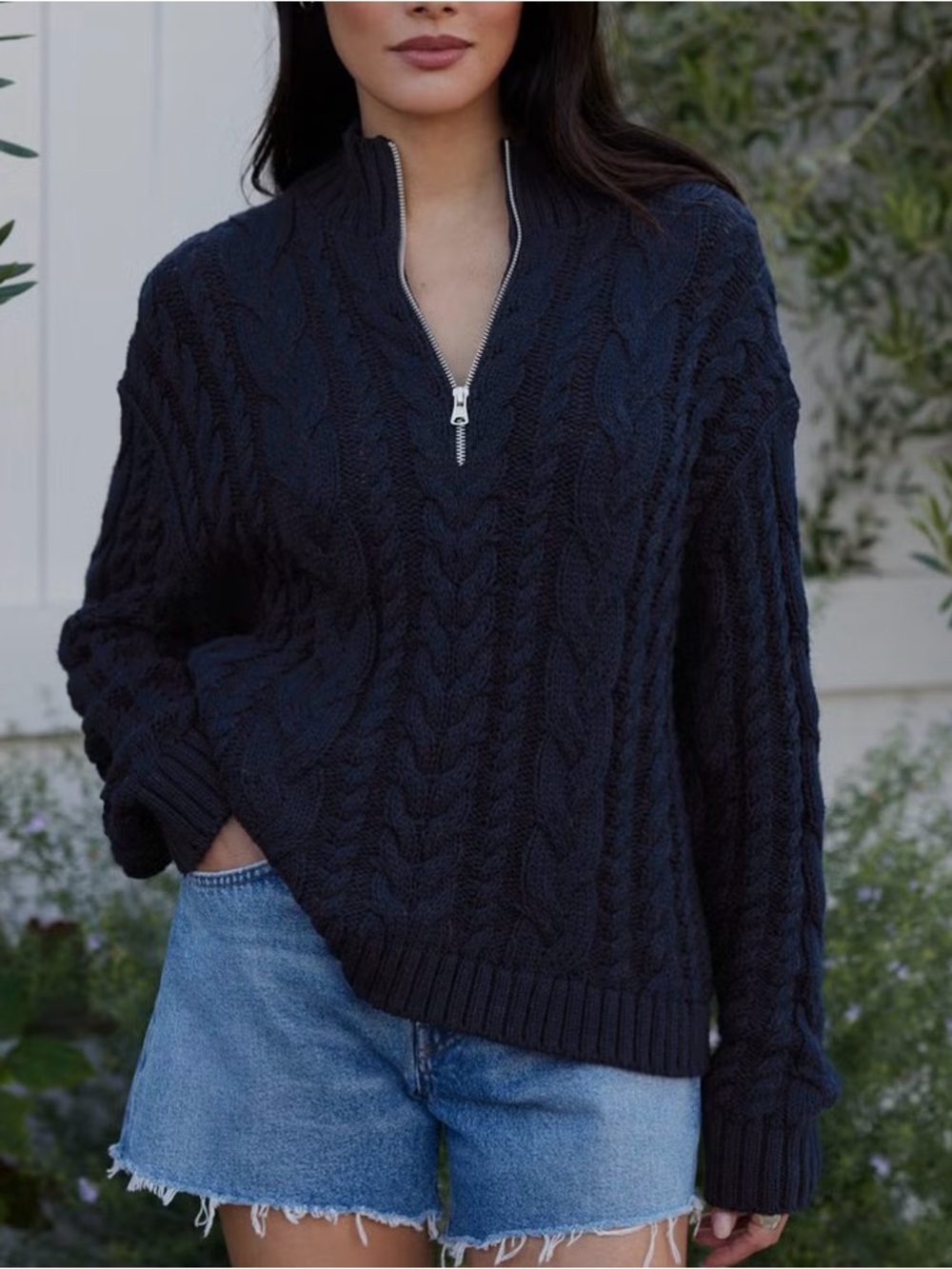 Jenni Kayne Navy Cotton Cable Half-Zip Sweater